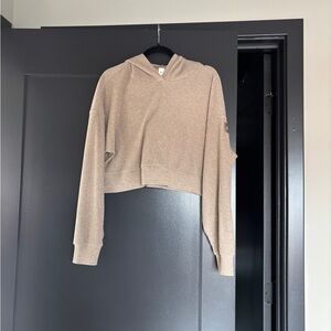ALO Yoga Muse Cropped Ribbed Hoodie - Gravel Heather